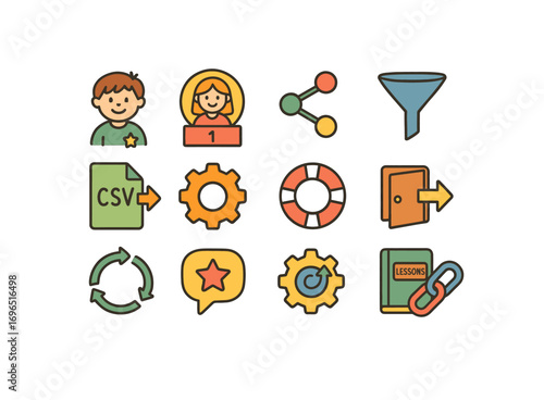 Business operations flat icon set. workflow, management, communication icons collection