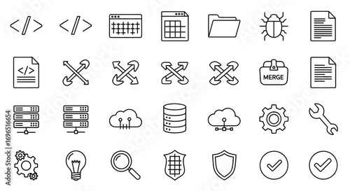 A collection of line art icons representing various aspects of software development, technology, and data management.