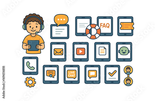 Customer support flat icon set. helpdesk, faq, chat, communication icons collection