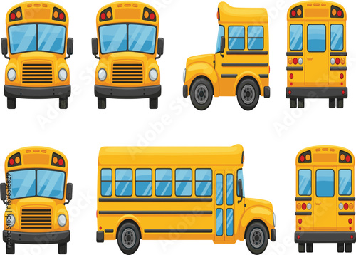 School bus, yellow transport, cartoon vehicle, front view, side view, rear view, angled perspective, stop sign, bus illustration, educational asset, transportation vector,  
