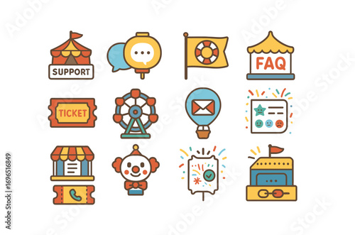 Amusement park flat icon set. carnival, fair, attraction icons flat collection