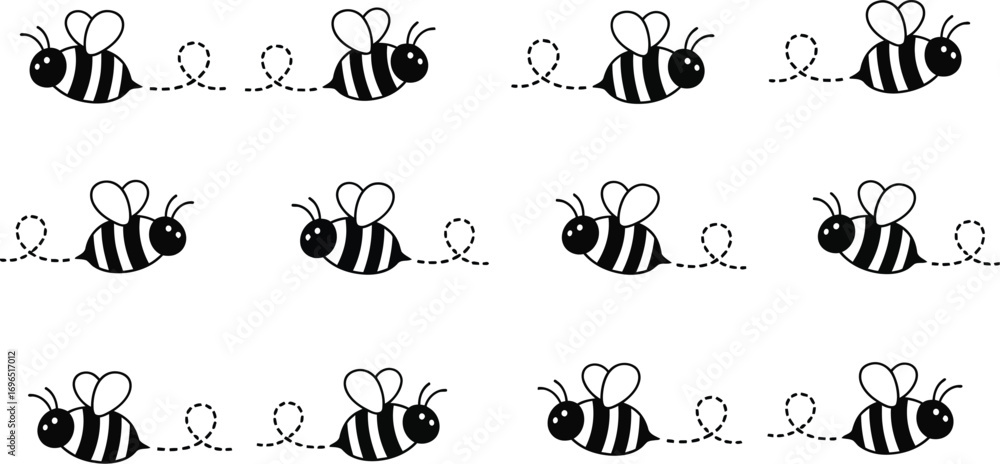 Naklejka premium Cute cartoon bees flying in a playful pattern with dotted trails