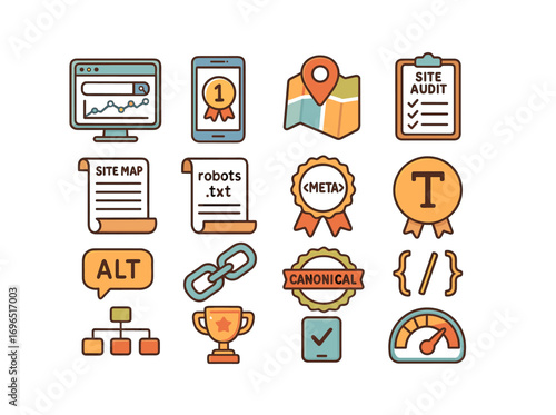 Seo and web development icon set. flat icons for site optimization and analytics
