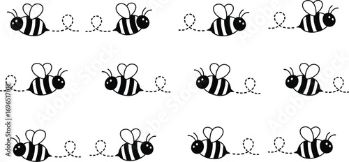 Cute cartoon bees flying in a playful pattern with dotted trails