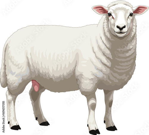 Sheep, livestock, farm animal, wool coat, standing sheep, agriculture, rural life, mammal, domestic animal, udder, pasture, alert posture, realistic illustration, livestock farming, 