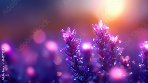 Magical purple lavender flowers in soft evening light with dreamy bokeh effect and glowing sunset background, creating ethereal nature atmosphere.