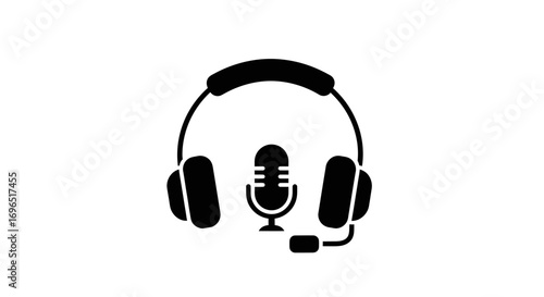 A black and white graphic illustration of a microphone with a headset, symbolizing audio recording or communication.