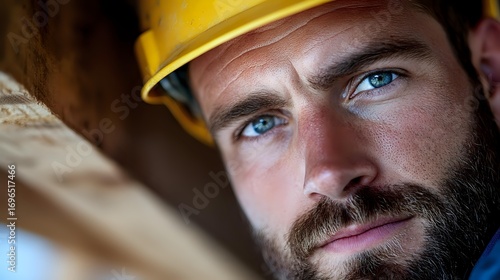 Confident construction worker wearing yellow hard hat and safety gear looks ahead with determined expression and blue eyes, ready for work at building site.