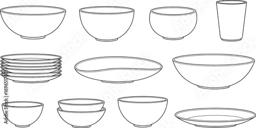 Collection of clean outline drawings of various bowls, plates, and a cup