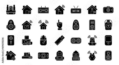 Collection of 30 dark-grey solid glyph icons, home automation and multimedia devices.