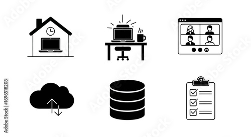 A set of six black and white icons illustrating concepts of remote work, technology, and business organization.