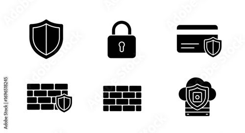 A collection of six black security-related icons, including a shield, padlock, credit card with shield, brick wall with shield, brick wall, and a cloud with a shield.