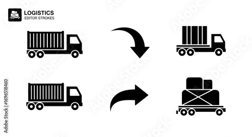 Logistics process with trucks and cargo transfer, vector illustration.