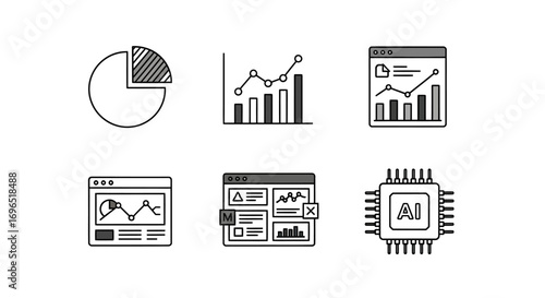 Collection of line icons depicting various data analysis and analytics concepts.