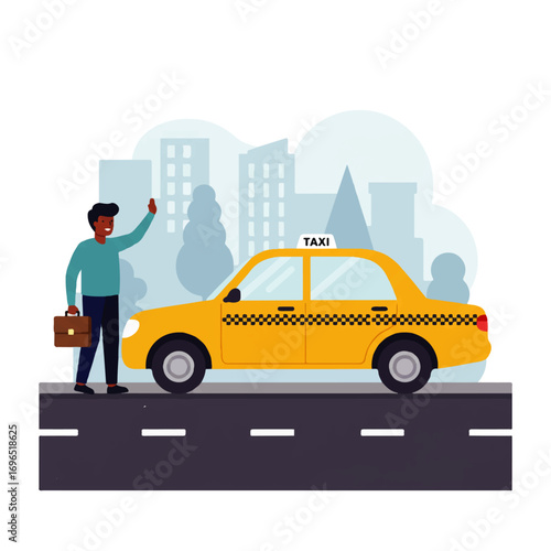 Cartoon illustration of a man hailing a yellow taxi cab on a city street with buildings in the background.