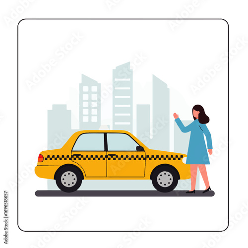 A woman in a blue dress hails a yellow taxi cab in a city with tall buildings in the background.