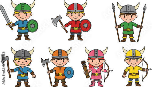 Cartoon Viking warrior kids wearing helmets, holding swords, axes, spears, bows, and shields, cute historic character vector illustration