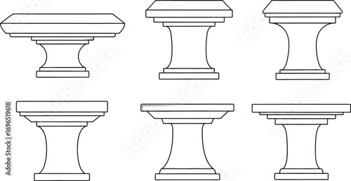 Collection of decorative architectural column bases and pedestals in black and white.