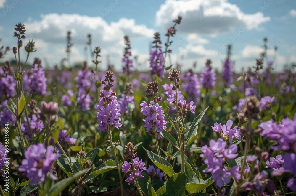 Obraz premium Vibrant purple and pink blossoms flourishing among lush green foliage, perfect as a backdrop