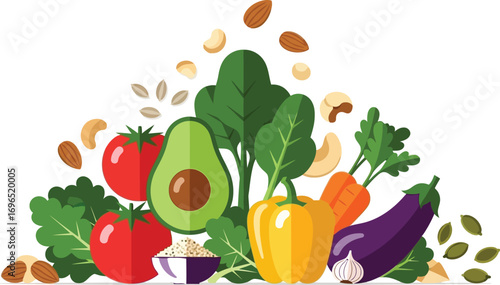 Vibrant assortment of fresh, healthy vegetables and nuts arranged attractively.