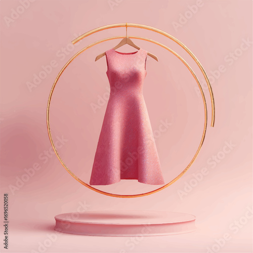 Elegant pink dress hanging in a golden frame on a podium against a pink backdrop fashion concept