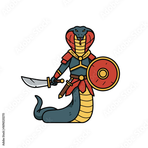 A cobra humanoid with armor sword and shield set against a white background