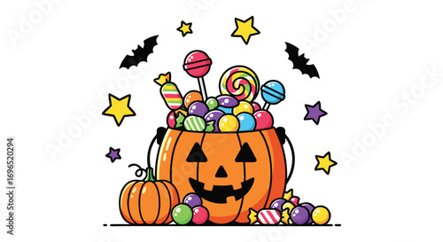 Pumpkin bucket filled with halloween candy treats on transparent background