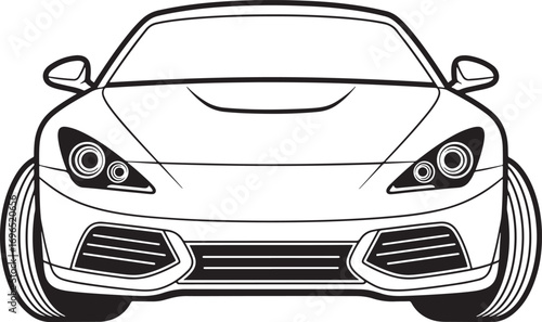 Black and White Line Art Illustration of a Modern Sports Car Front View Design