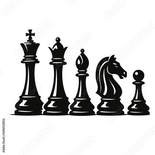Black chess pieces in a row showcasing king, queen, bishop, knight, pawn  
