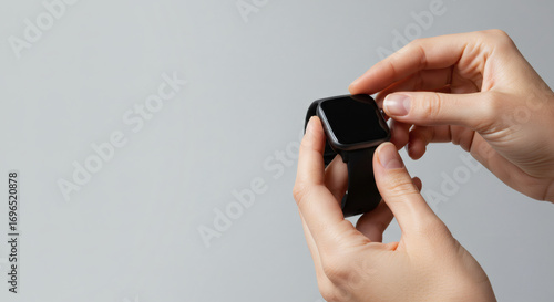 Close-up of hands holding a smartwatch with neutral background, modern and clean aesthetic, bright lighting, empty space on the left side for text.