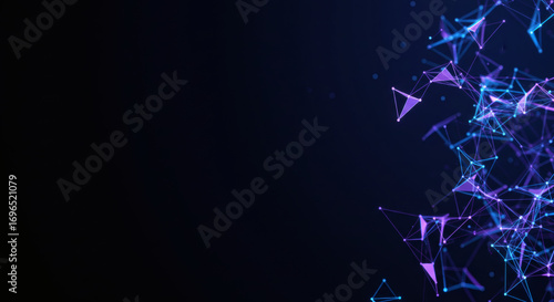3D render of a glowing network of connected lines and nodes, neutral dark background, futuristic digital theme, composition leaving large blank space on the left side for text.