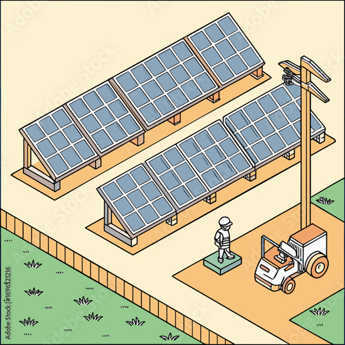 A worker in a hard hat stands near a small tractor and solar panels next to a utility pole