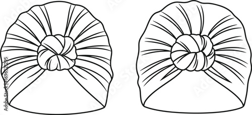 Elegant turban headwear with central knot detail, presented in a simple line art style.