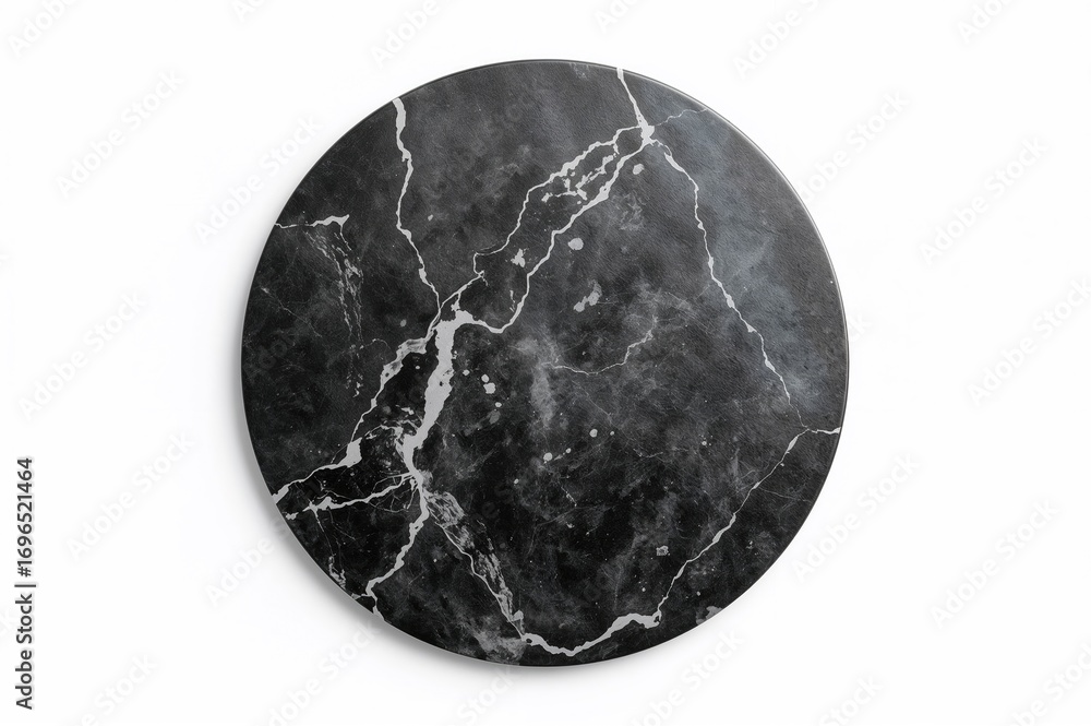 Fototapeta premium Round Dark Grey Marble Serving Platter for Cheese and Pizza on White Backdrop
