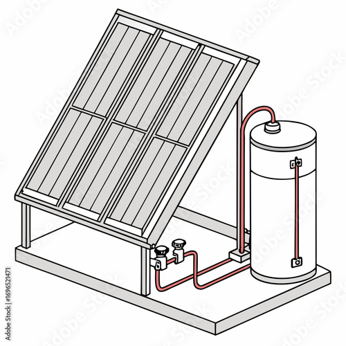 Diagram illustrating a solar thermal water heating system with panels connected to a storage tank