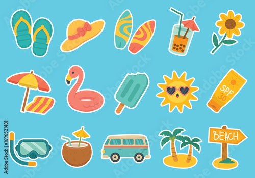 Summer beach vacation icons set with flip flops, sun hat, surfboards, coconut drink, ice cream, snorkeling gear, beach umbrella, sunscreen, van, and tropical elements