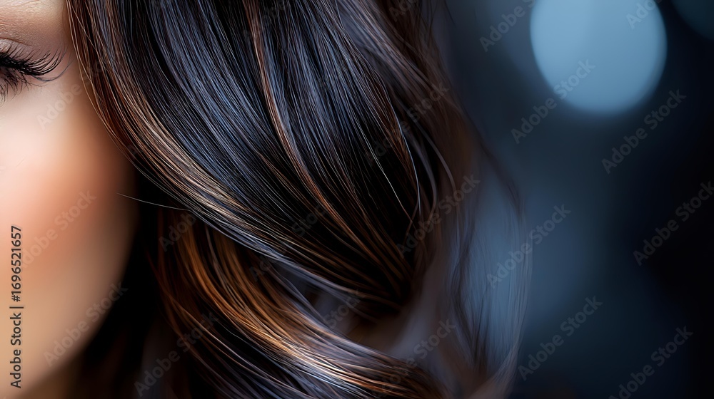 Naklejka premium Silky dark brown hair with subtle highlights flowing in gentle waves against blurred bokeh background, showcasing natural movement and shine for beauty and haircare advertising.