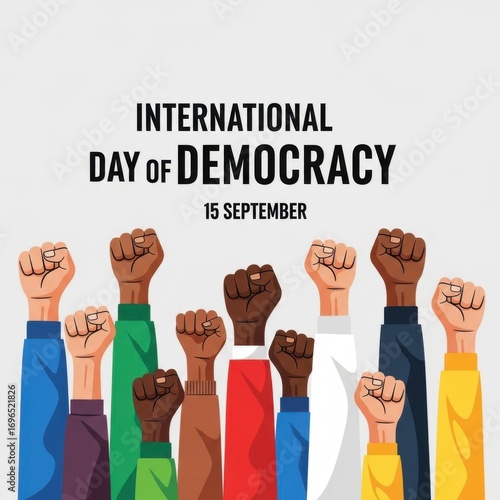 International day of democracy illustration with diverse raised fists graphic