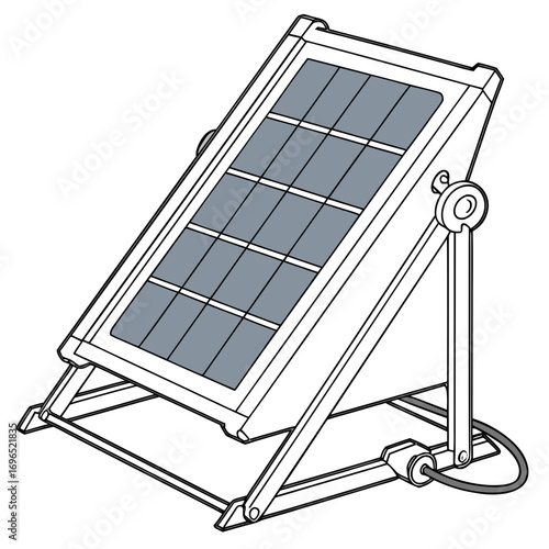 Illustration of a portable solar panel with adjustable stand and connecting cable on a white background