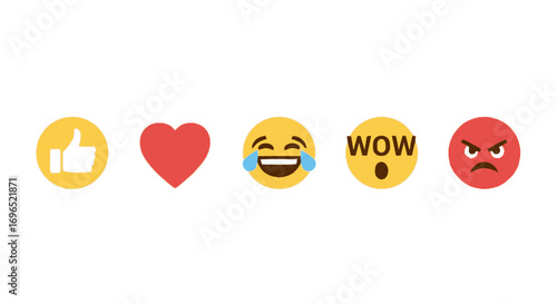 Five different emoji icons displayed in a row: a thumbs up, a heart, a laughing face, a WOW face, and an angry face.