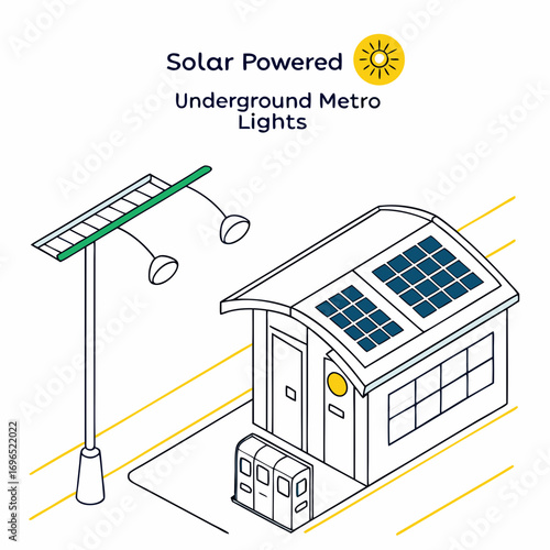 Illustration of a solar powered underground metro station with solar panels on the roof and street lights
