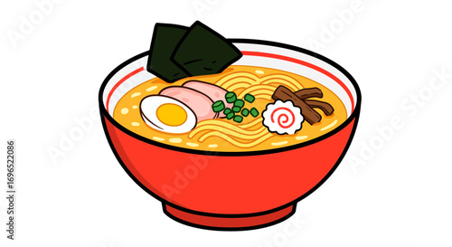 Delicious ramen noodle soup bowl with egg pork seaweed and fish cake japanese cuisine tasty food illustration on transparent background