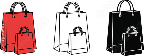 A trio of shopping bags, red, outline, and black, showcasing different sizes for retail purchases.
