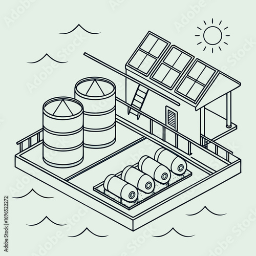 Isometric illustration of a floating solar powered water purification system with storage tanks and filtration units on the ocean
