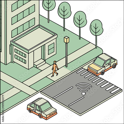 Isometric illustration of a futuristic city street with self driving cars and pedestrian crossing with wifi symbol