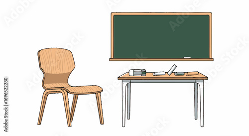 Illustration of a classroom setting featuring a wooden chair, a desk with school supplies, and a green chalkboard.