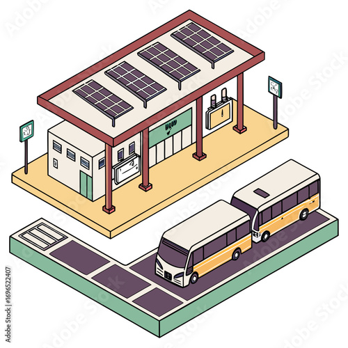 Isometric illustration of a modern bus station with solar panels on the roof and two buses at the stop