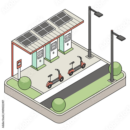 Isometric illustration of a modern electric scooter charging station with solar panels and streetlights