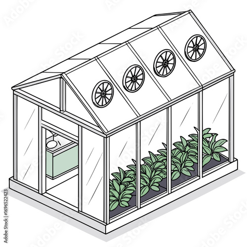 Isometric illustration of a modern greenhouse with ventilation windows and rows of healthy green plants growing inside
