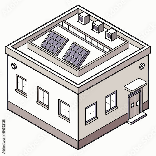 Isometric illustration of a modern flat roof building with solar panels and air conditioning units on top